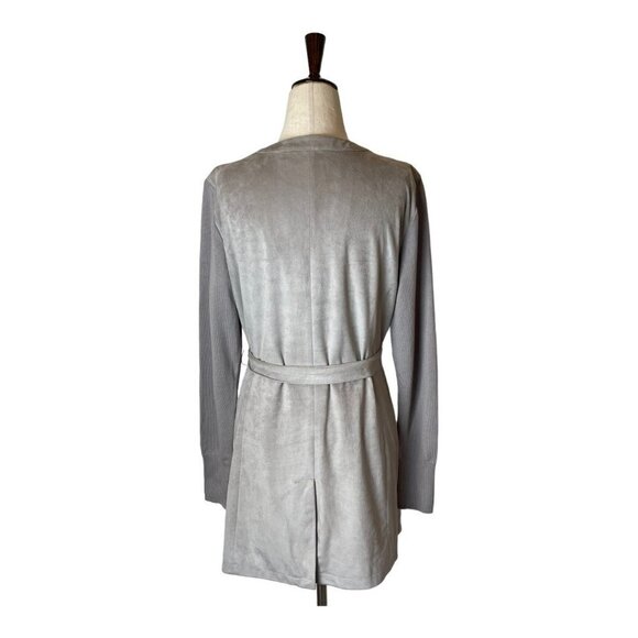 H By Halston Gray Faux Suede Knit Sleeves Tie Waist Trench Coat Jacket Size 8 - Picture 3 of 12